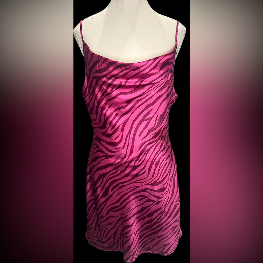PRINCESS POLLY Gia Mini Dress | Size 8 | Pink Satiny Zebra Print with Cowl Neck
